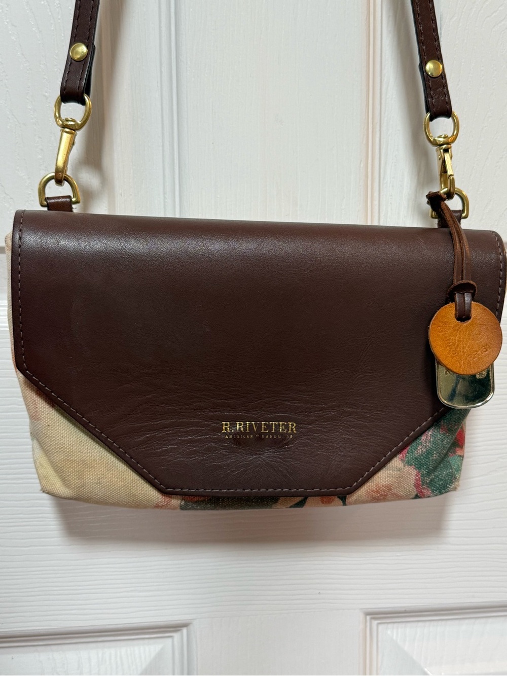 R. Riveter Brown Leather & Floral Canvas Crossbody Bag